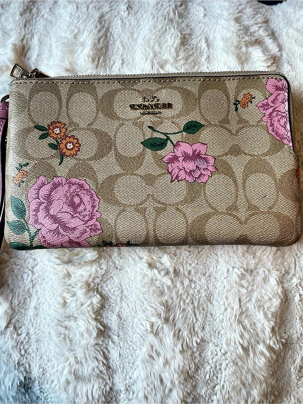 Coach Double Zip Wallet Floral Brown & Pink